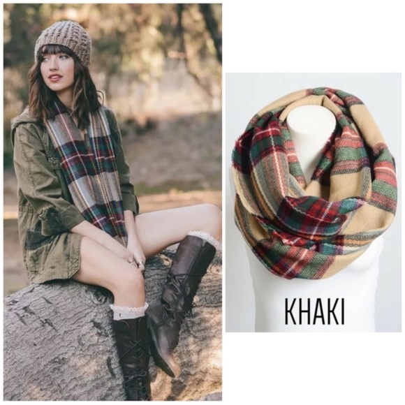 Khaki Plaid Classic Frayed Edge Infinity Scarf - Picture 1 of 4